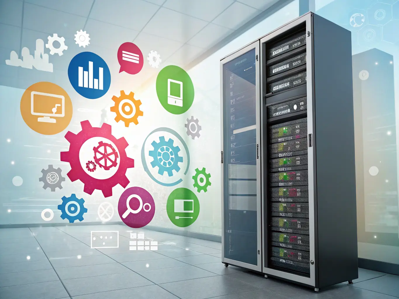 An illustration depicting a website being hosted on a secure server, with a domain name pointing to it, emphasizing the seamless hosting and domain setup provided by Demandflow.